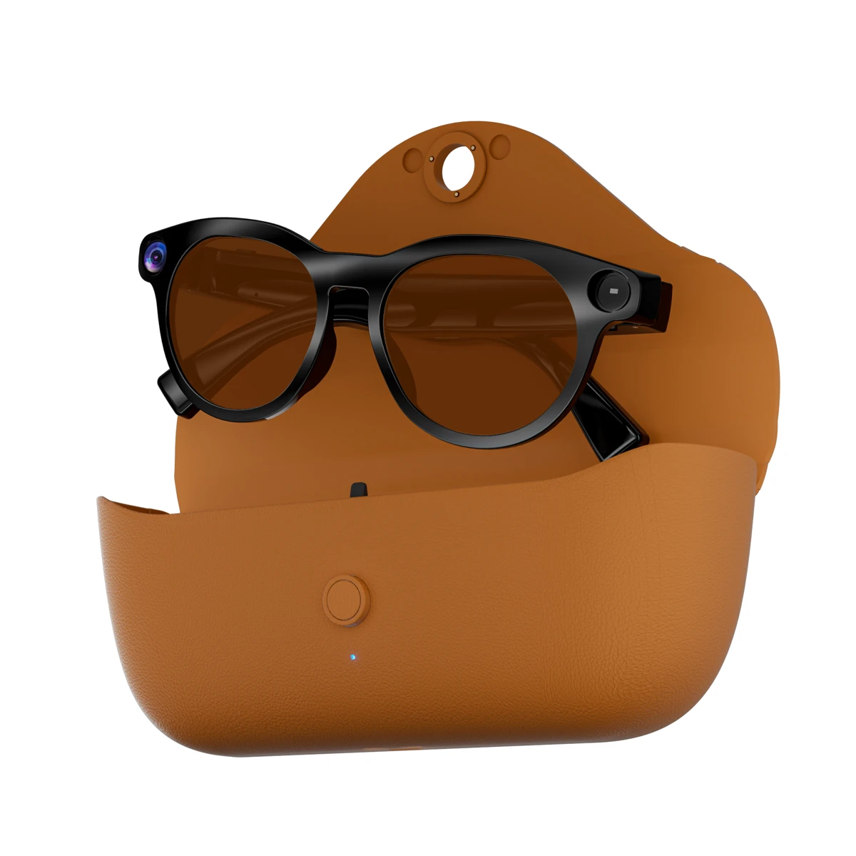 CY05MAX smart glasses with brown charging case, supplier product photo
