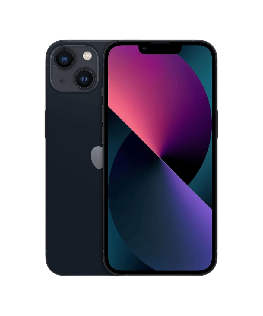 iPhone 13 in Midnight, front and rear product photo